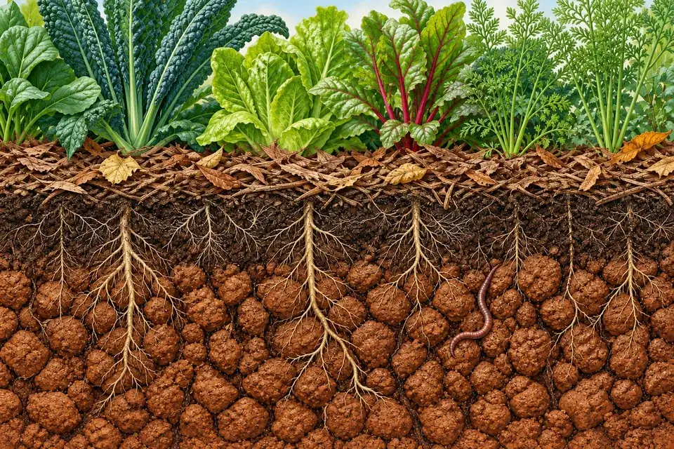 Cutaway of a vegetable bed with leaf mulch, dark topsoil, clay aggregates, root channels, and an earthworm