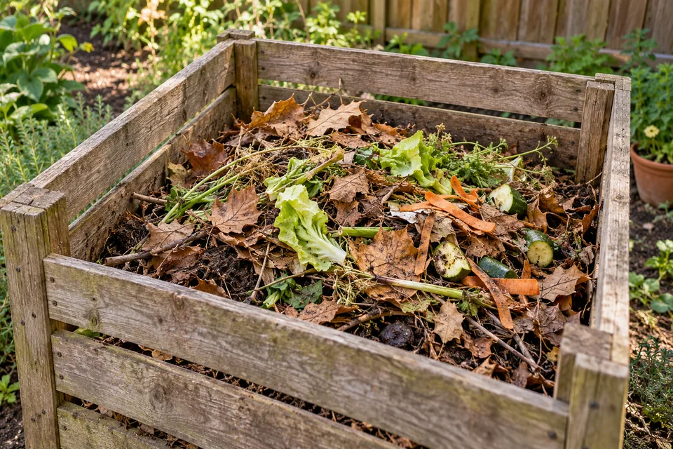 A wooden compost bin with dry leaves, garden trimmings, and vegetable scraps