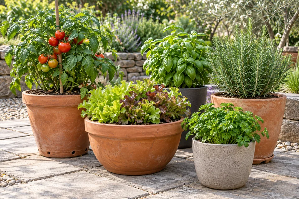 Vegetables and herbs in large containers on a small patio