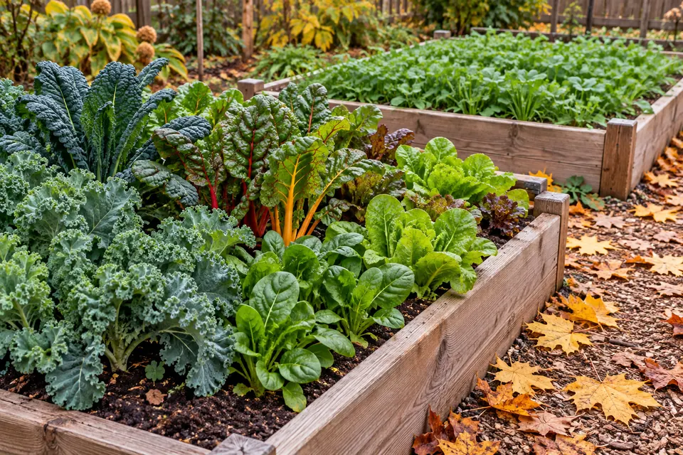 Leafy autumn vegetables with fallen leaves along the garden path