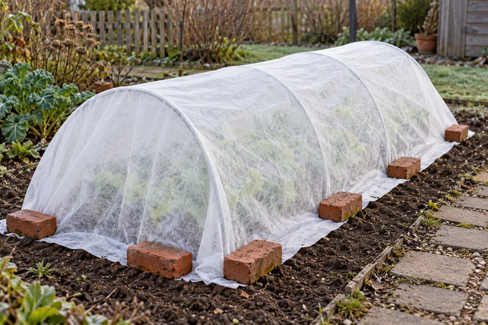 White fabric over low garden hoops with the edges secured to the ground