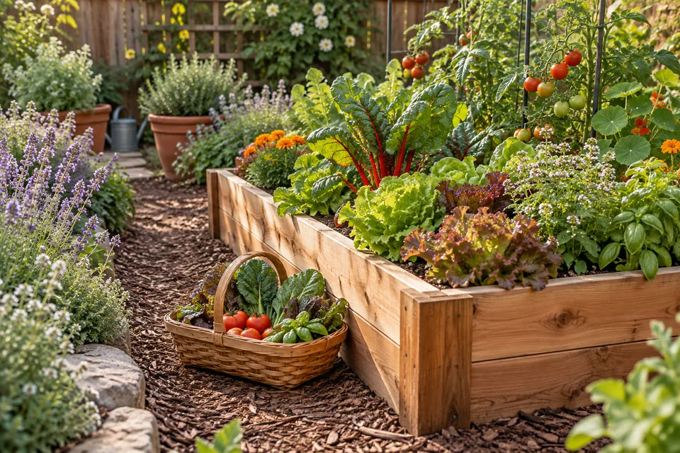 A cedar vegetable bed with leafy greens, tomatoes, flowering herbs, and a basket of harvest