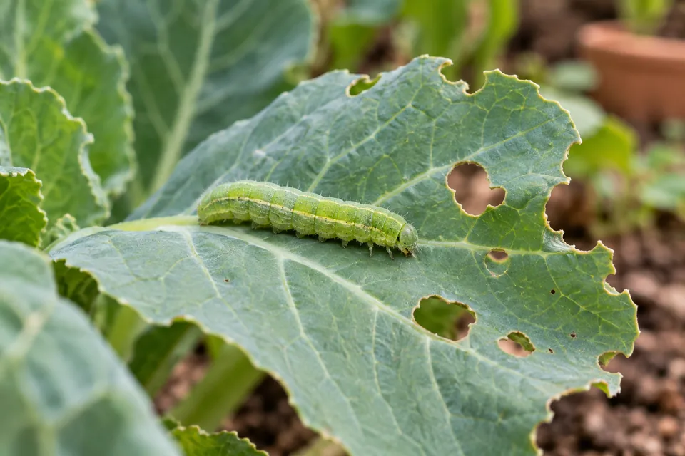 A small green caterpillar on a vegetable leaf with feeding damage