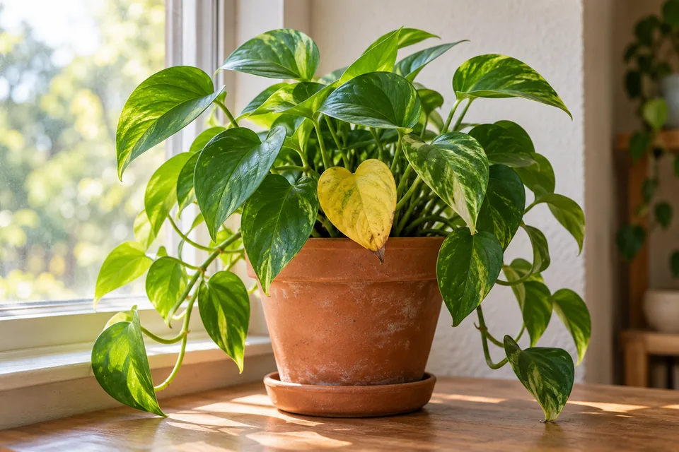 A potted pothos by a window with green foliage and one yellow lower leaf
