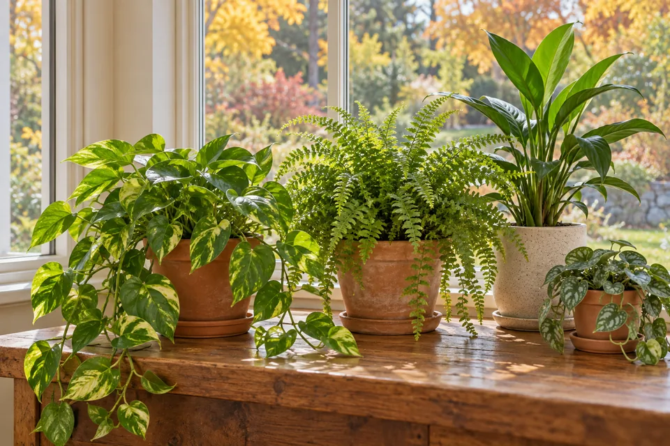Healthy potted houseplants gathered near a bright indoor window