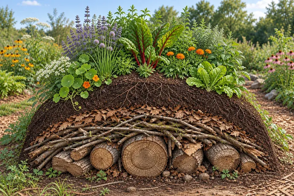 Cutaway illustration of a planted garden mound layered over logs, branches, leaves, and soil