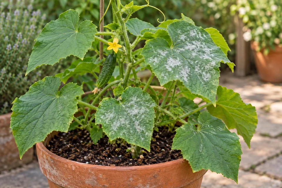 Garden leaves with pale powdery patches in a potted plant