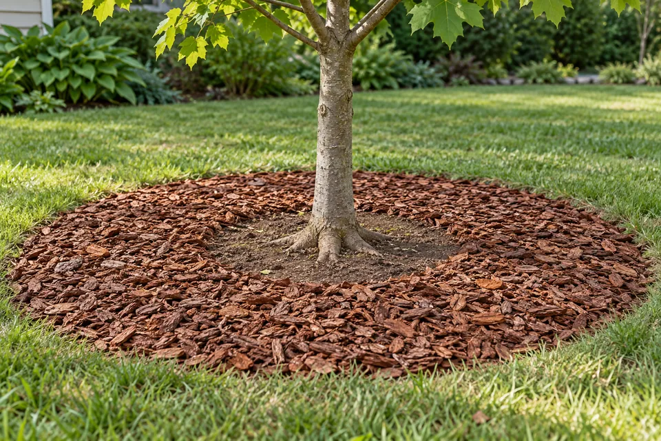 Bark mulch in a wide flat ring with a bare gap around a young tree's trunk