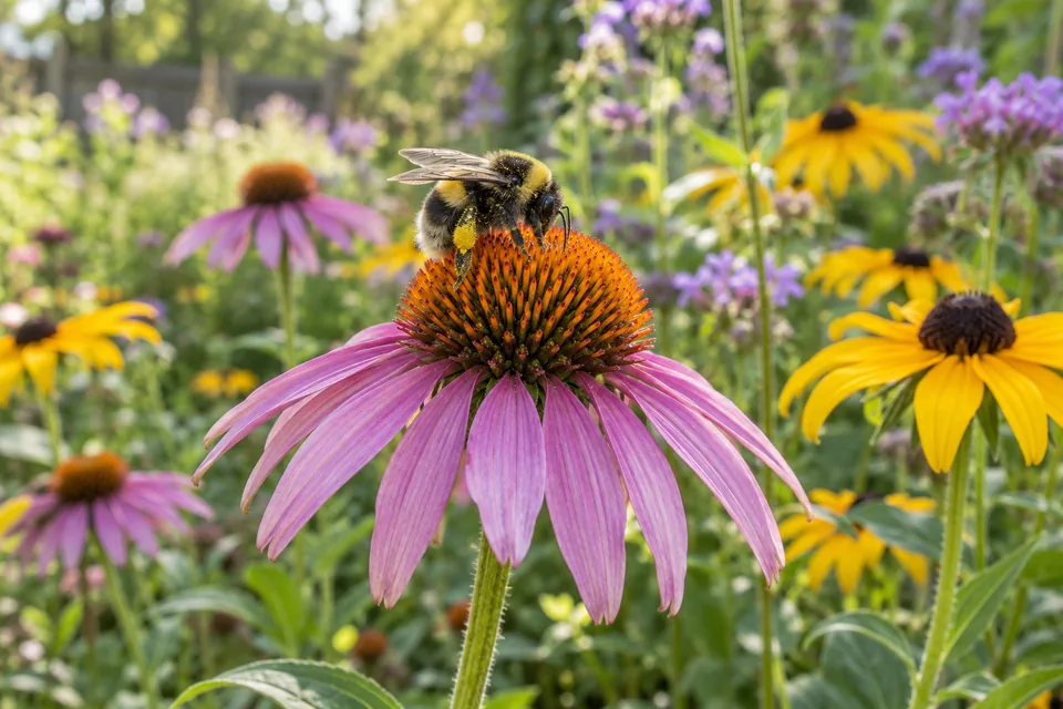 A bumblebee visiting a purple coneflower among yellow garden flowers