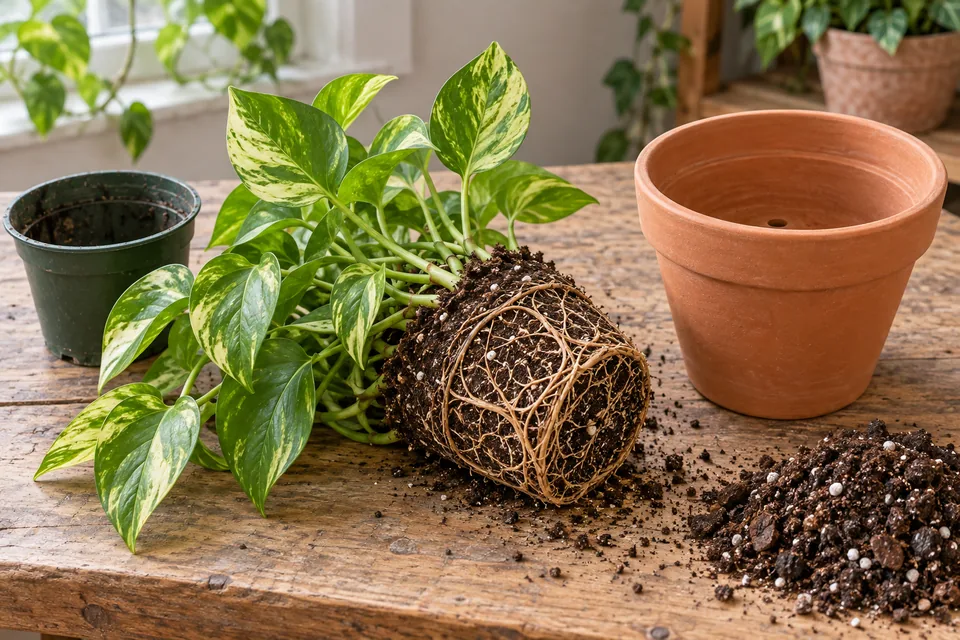 A houseplant root ball beside a larger empty pot and potting mix