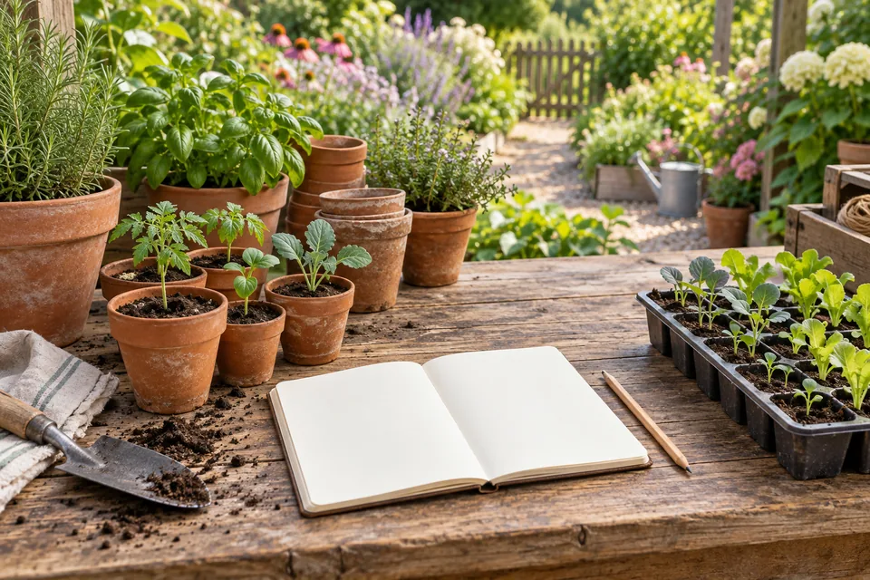 A blank notebook, pencil, seed tray, and terracotta pots on a garden bench