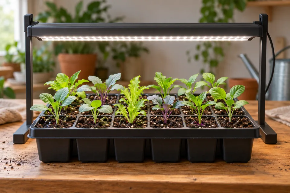 Young seedlings in a tray beneath an overhead grow light