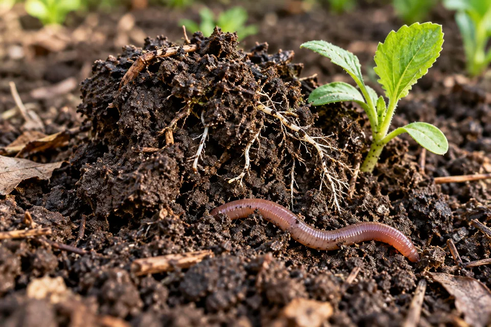 Fine seedling roots and an earthworm in dark, crumbly garden soil