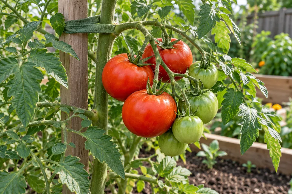Ripe and green tomatoes on a supported vine in a garden