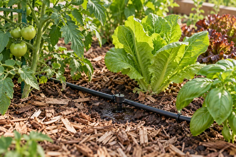 Drip irrigation tubing on mulch beside young vegetable plants