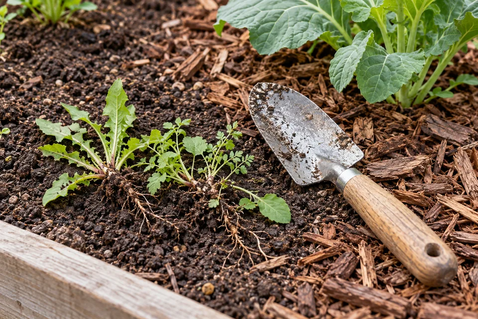 A hand trowel beside young weeds removed from a mulched garden edge