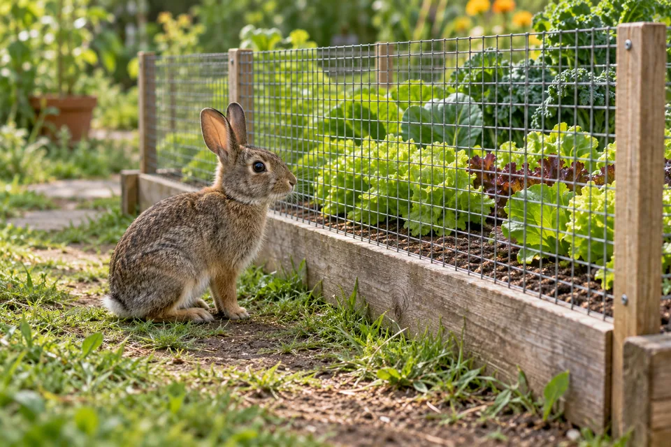 A rabbit beside a vegetable bed separated from the greens by wire fencing